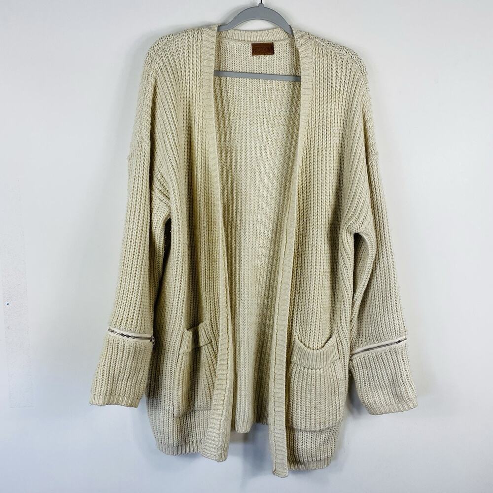 Pol Cardigan Sweater Large Cream Open Front Pockets Cotton Blend